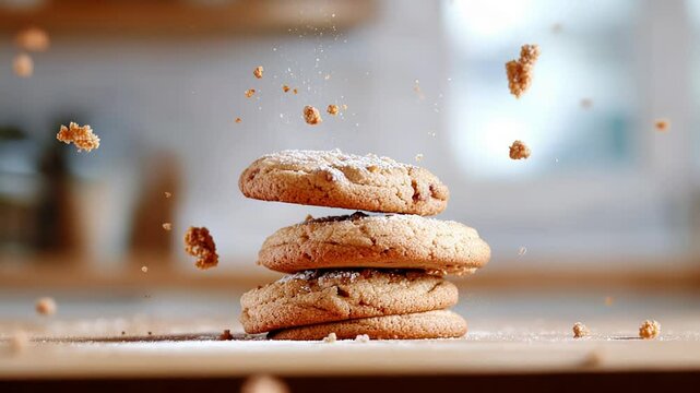 Delicious chocolate chip cookies floating in mid-air with crumbs and powdered sugar.
