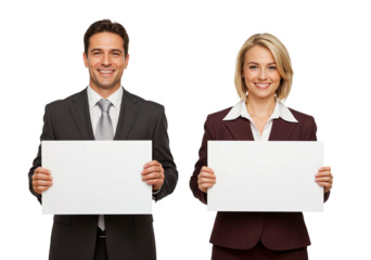 Smiling professional couple, man and woman in formal clothes, holding white signs for custom content. PNG, transparent background.