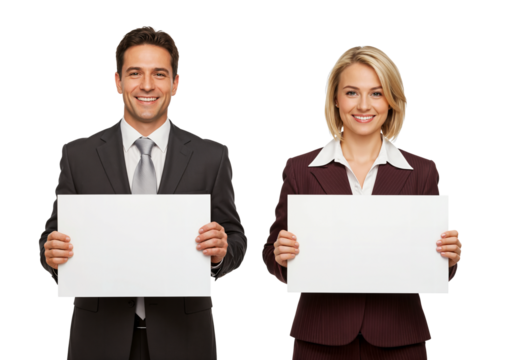 Smiling professional couple, man and woman in formal clothes, holding white signs for custom content. PNG, transparent background.