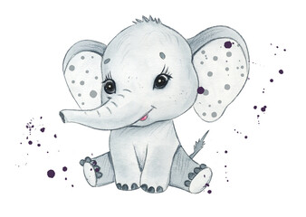 Cute watercolor baby elephant sitting peacefully. Hand painted illustration with soft pastel colors