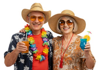 Happy senior couple sipping refreshing tropical drinks during a vacation, png transparent background
