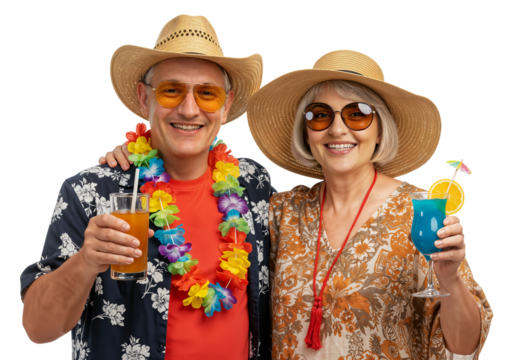 Happy senior couple sipping refreshing tropical drinks during a vacation, png transparent background - Powered by Adobe