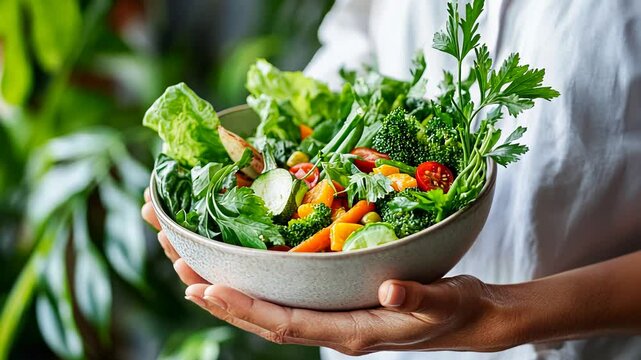 Vibrant fresh salad bowl with leafy greens, cherry tomatoes, and broccoli.