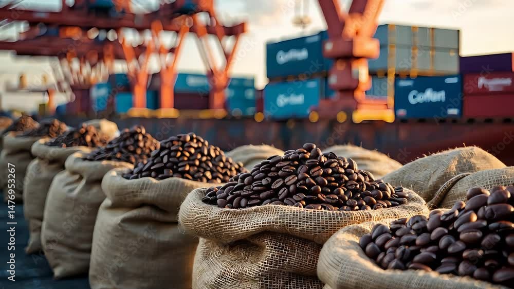 Poster rows of burlap sacks filled with coffee beans at busy port with cargo cranes and shipping containers