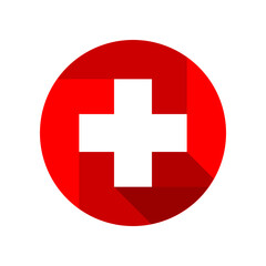 Obraz premium White cross medical on red circle icon flat vector design