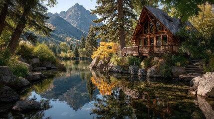 Obraz premium Idyllic log cabin sits on serene lake surrounded by trees, majestic mountains. Tranquil waters reflect charming home with wooden deck. Cabin perfect vacation rental for people love nature, peaceful