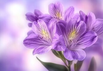 Close-up of a delicate purple lily with intricate petal patterns on glowing purple-white background.