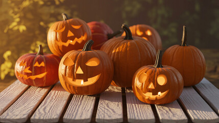 Orange Halloween pumpkins on white planks festive holiday décor
