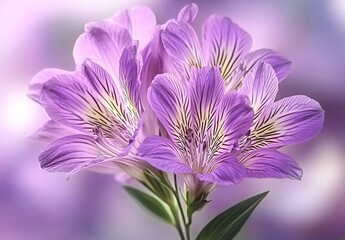 Obraz premium Close-up of a delicate purple lily with intricate petal patterns on glowing purple-white background.