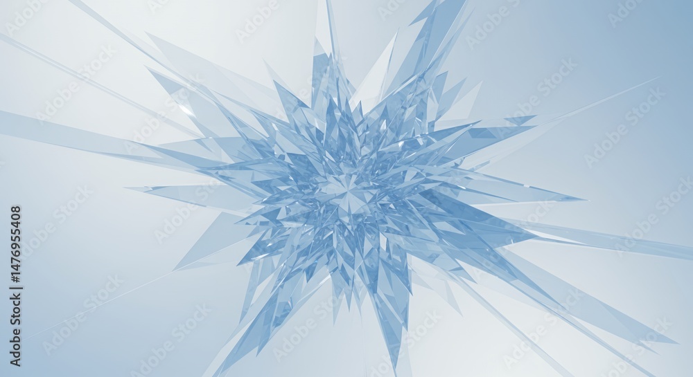 Poster abstract geometric ice crystal star in soft blue hues with pointed shapes and radial symmetry on lig