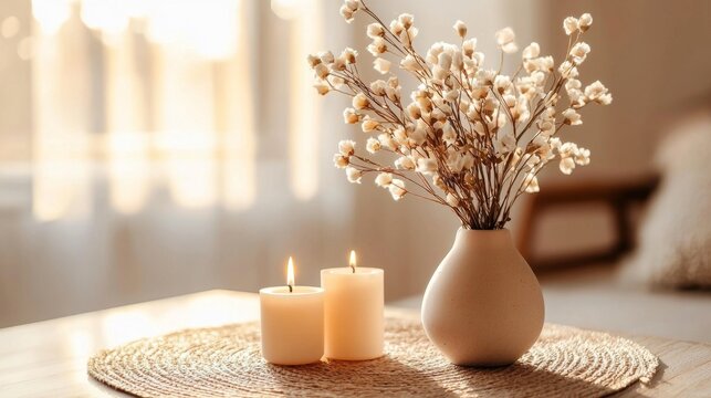 A cozy winter home decor featuring flowers and candles.