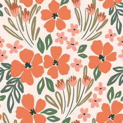 Seamless floral pattern, liberty ditsy print in artistic rustic motif. Delicate botanical design of small hand drawn plants, little orange flowers, leaves, simple bouquets. Vector illustration. © Yulya i Kot