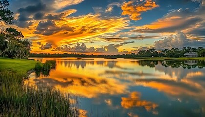 Naklejka premium Sunset over tranquil river with green banks and orange-yellow clouds reflecting on water.