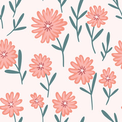 Seamless floral pattern, cute ditsy print with simple pink daisy flowers. Pretty botanical design, ornament of small hand drawn flowers, leaves on white field. Vector illustration.