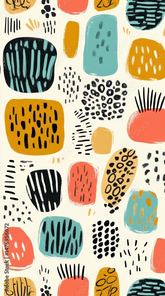 Poster Vibrant Abstract Pattern with Irregular Shapes on Cream Background Perfect for Textile and Surface Design with a Retro Feel and Colorful Decorative Elements
