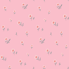 Seamless floral pattern, liberty ditsy print with mini cute flowers in pink colors. Pretty girly botanical design of small hand drawn flowers, tiny leaves, simple plants abstract. Vector illustration.