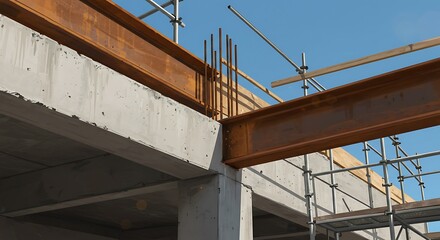 Concrete corner and rusty metal beam under construction, clear blue sky.
