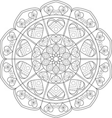 Symmetrical heart and floral mandala design with intricate line work. Decorative vector illustration for coloring or design projects