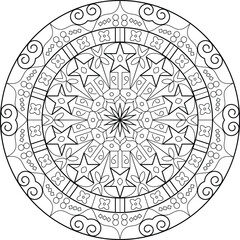 Intricate circular mandala with symmetrical floral and geometric elements, designed for coloring, mindfulness, and decorative art