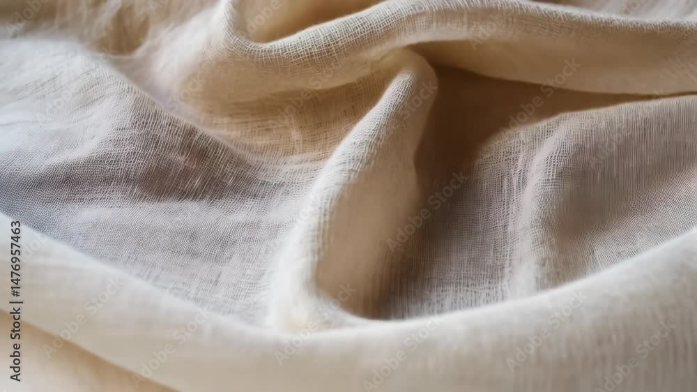 Poster macro shot capturing undulating, soft cream fabric with woven texture and delicate light reflecting 
