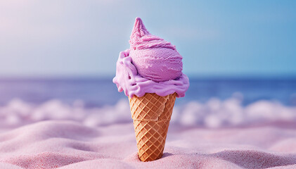 Ice cream in waffle cone. Strawberry colorful pink ice-cream in sea on beach background. Copy space. Summer holidays food. Summertime sweet dessert. Beachtime vacation. Closeup. Banner.