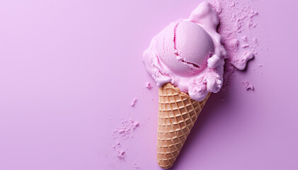 Ice cream mockup in waffle cone. Strawberry colorful pink ice-cream mock-up isolated on pink purple background. Copy space. Summer holidays food. Summertime sweet dessert. Closeup. Banner.