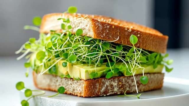 Fresh vegan avocado and microgreens sandwich on whole grain bread.