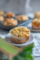 Rhubarb muffin with rhubarb petioles