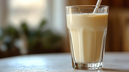 Tall glass filled with beige liquid and straw on a wooden table. Use for food blogging, menu design, or nutrition related articles.