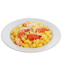 Creamy lobster mac and cheese served in a white bowl, garnished with cheese