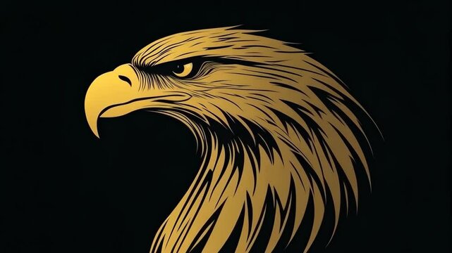 Illustration of a golden bald eagle head with detailed feather patterns on a black background, symbolizing power and strength.