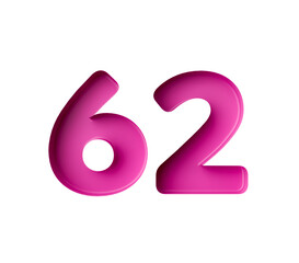 Vibrant pink number 62 Sixty two in bold gradient font with a slight shadow effect, 3d illustration