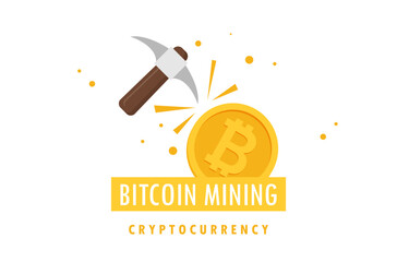 Bitcoin mining concept with pickaxe and coin flat vector