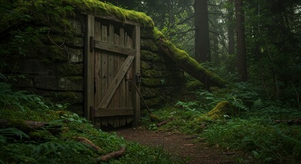 Old Wooden Door in Mossy Forest