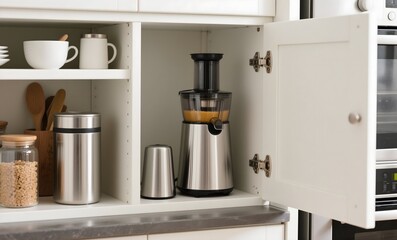 Efficient Kitchen Cabinet Organization Showcasing Juicer Storage with Utensils and Containers in White Compact Space
