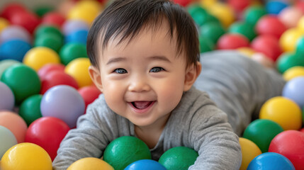 Obraz premium baby playing in the ball pit at an indoor play center, laughing and reaching out to touch colorful balls. Happy Baby Smiling and Playing in Colorful Plastic Ball Pit in Playroom with Bright Lighting