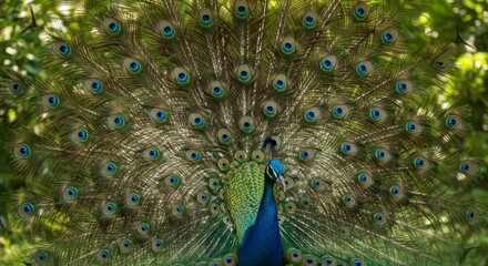 Fototapeta premium Majestic peacock displaying its vibrant plumage