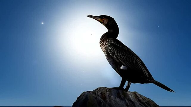 Cormorant perched by the Black Sea coast in Crimea, silhouetted against a moonlit sky. Tranquil shoreline scene with dark waterbird reflecting in the gentle waves