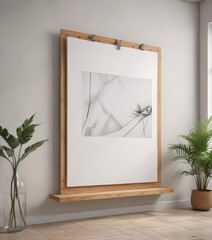 Contemporary poster display, wooden clips, bright interior,  blank,  decor,  wooden clips
