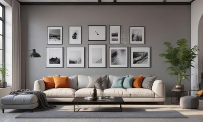 Bright living room, minimalist aesthetic, black framed gallery wall mockup ,  simple,  clean,  living room