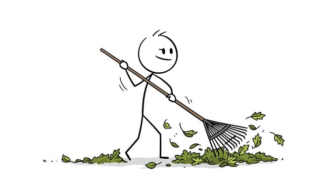 Whimsical stick figure diligently raking leaves with a contented expression
