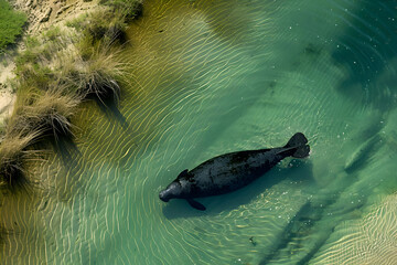 Aerial View of a Manatee in Crystal Clear Water