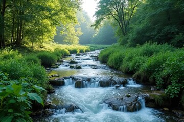 Obraz premium Flowing Water and Lush Greenery Scene