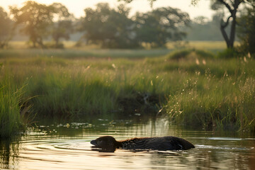 African Buffalo Submerged in a River at Sunset