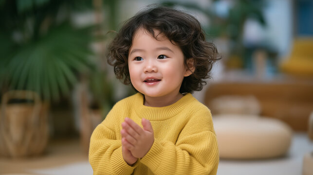 Child enjoying a game with laughter in a cozy playroom
