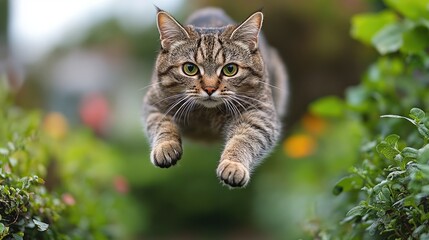 Tabby Cat Leaping Garden.