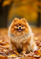Fototapeta premium Happy Pomeranian Dog in Autumn Leaves