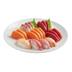 A beautifully arranged platter of assorted sushi and sashimi on a white plate, showcasing vibrant colors and fresh ingredients, ideal for culinary presentations