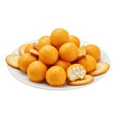 A vibrant plate of golden cheese balls and crackers stacked attractively
