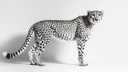 Fototapeta premium Full-body photograph of a cheetah on a white background, high-resolution photography, insanely detailed with fine details, stock photo.